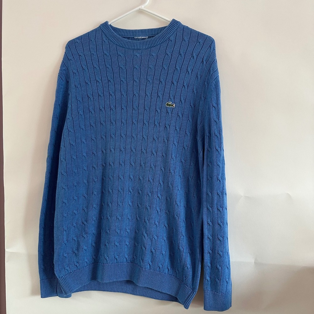 Lacoste Mens Blue Cable Knit Cotton Wool Blend Crew Neck Sweater Logo
